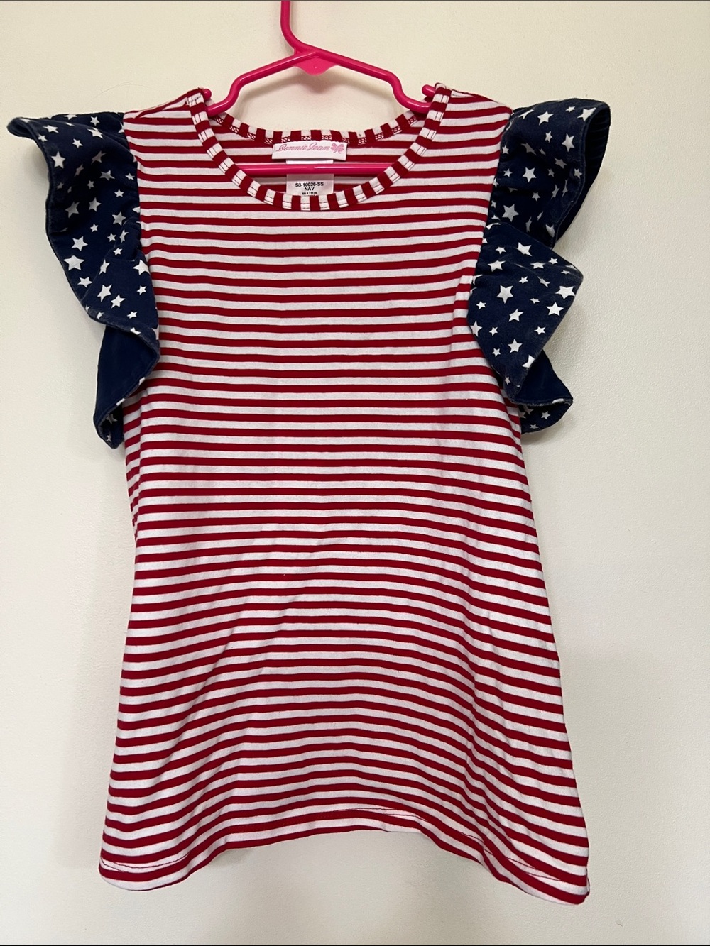 Bonnie Jean Red & White Striped Dress with Navy Star Ruffle Sleeves